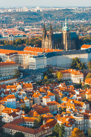 aerial view of mala strana district, Prague Czech republic, red tile roofsの写真素材