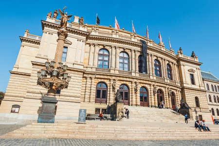 PRAGUE, CZECH REPUBLIC - September 29, 2017: The building of Rudolfiunum concert halls on Jan Palach Square with unidentified people, Prague, Czech Republicのeditorial素材