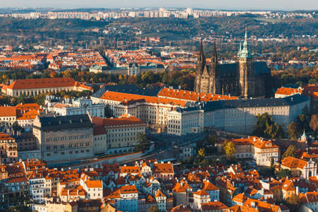 aerial view of mala strana district, Prague Czech republic, red tile roofsの写真素材