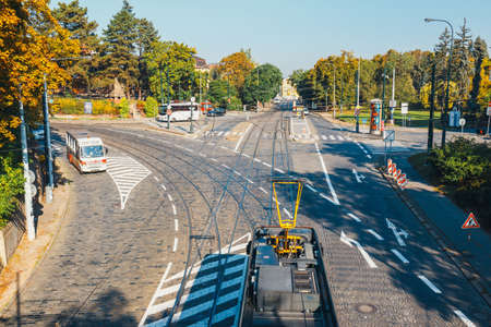 Prague, Czech Republic, September 29, 2017: Red tram goes on old town in Prague. Prague's major public transport operator is The Capital City of Prague Transport Company, Czech Republicのeditorial素材