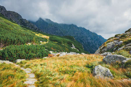 Aerial view of Five lakes valley in High Tatra Mountains, Polandの写真素材