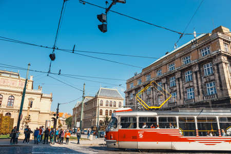 Prague, Czech Republic, September 30, 2017: Traffic jam on the street in Prague, Czech Republic