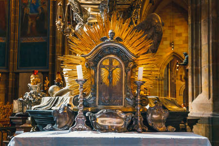 Czech Republic, Prague - September 30, 2017: Baroque silver tomb of St John of Nepomuk in the St....