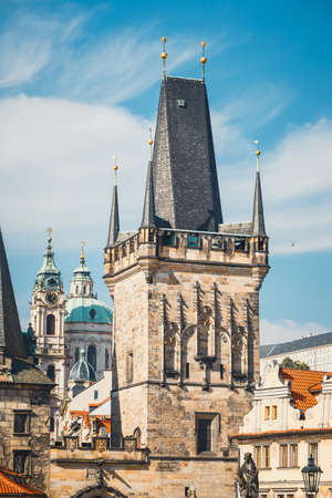 View of Charles Bridge in Prague, Czech Republic. No peopleの写真素材