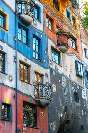 VIENNA, AUSTRIA - October 14, 2016: Facade of Huntdertwarsser house in Vienna. The Hundertwasser House is one of Vienna's most visited buildings and has become part of Austria's cultural heritageのeditorial素材
