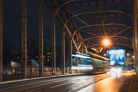 Krakow, Poland, November 12, 2017: Abstract Tram Light Trail on the Pilsudzki bridge in Krakow, Polandのeditorial素材