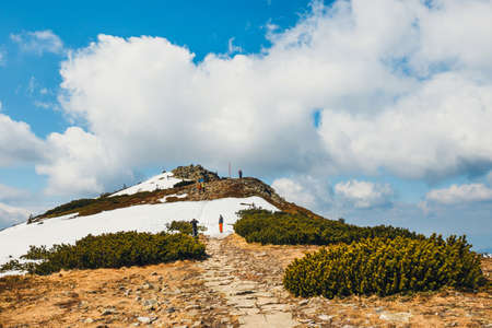 Zawoja, Poland - May 03, 2015: Hikers travel in the Babia Gora Mountain with a backpackのeditorial素材