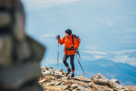 Zawoja, Poland - May 03, 2015: Hikers travel in the Babia Gora Mountain with a backpackのeditorial素材