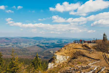 Zawoja, Poland - May 03, 2015: Hikers travel in the Babia Gora Mountain with a backpackのeditorial素材