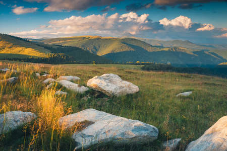 Beautiful sunset over Parang Mountains in Romaniaの写真素材