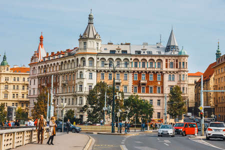 Prague, Czech Republic, October 01, 2017: View of historical center of Prague with beautiful historical tenementsのeditorial素材
