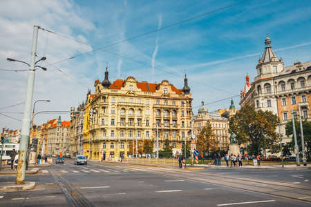 Prague, Czech Republic, October 01, 2017: View of historical center of Prague with beautiful historical tenementsのeditorial素材
