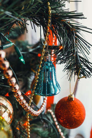 close up of christmas tree decoration with colour boublesの写真素材