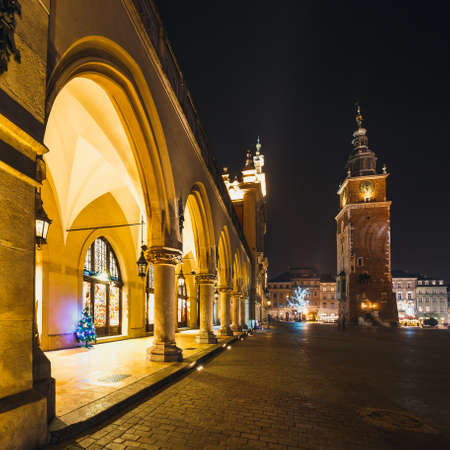 Market Square in Krakow at night, Polandの写真素材