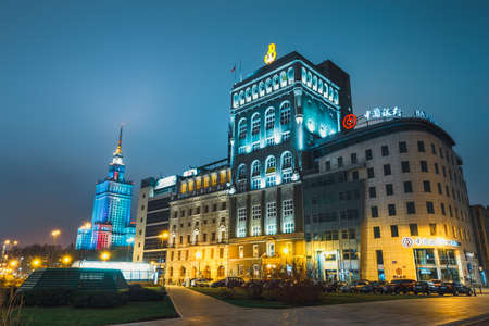 Warsaw, Poland, March 12, 2016: Night view of downtown with the PAST building and Bank of Chinaのeditorial素材
