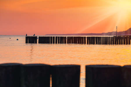 Sunset on the beach with a wooden breakwater, long exposureの写真素材