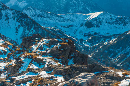 First snow in the mountains, Red Peaks, Tatra Mountainsの写真素材