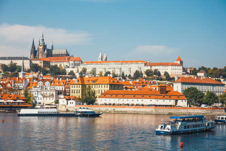 PRAGUE, CZECH REPUBLIC - September 29, 2017: Embankment of the Vltava river in Prague, the capital of Czech Republicのeditorial素材