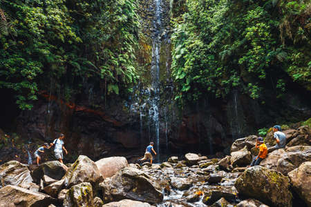 Madeira, Portugal 04 JULY, 2016: Unidentified people walking to Levada Risco, Madeira Island, Portugalのeditorial素材
