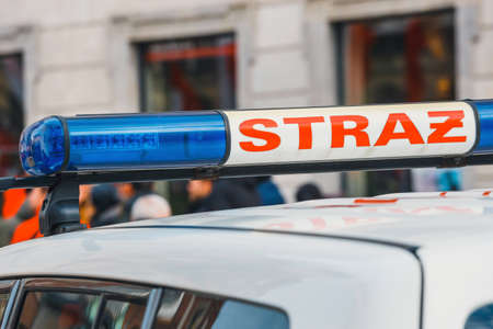 sign Polish firefighters on the vehicle, close upの写真素材