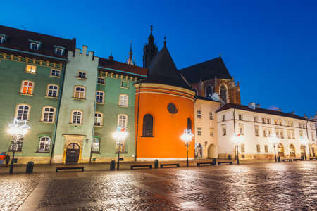 Night view of a small market in Krakow, Poland. Old town of Cracow listed as unesco heritage siteの写真素材