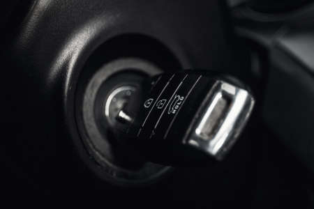 close up of key in ignition inside the carの写真素材