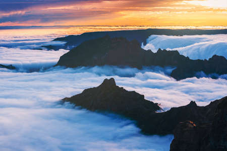 Beautiful sunset over the mountains, Madeira Island, Portugalの写真素材