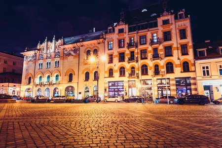 KRAKOW, POLAND - December 15, 2017: Szczepanski Square and The Old Theater in the night in Krakow, Polandのeditorial素材
