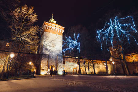 Florian Gate in Old Town in Krakow at nightの写真素材