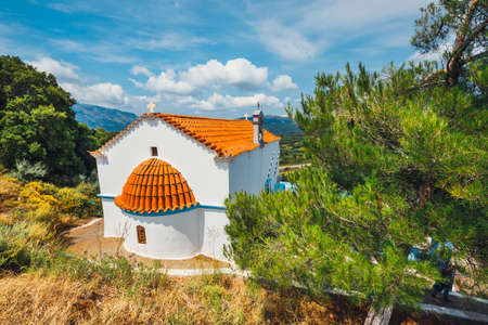 White chapel and mountains in the backgroud, Crete Island, Greeceの写真素材