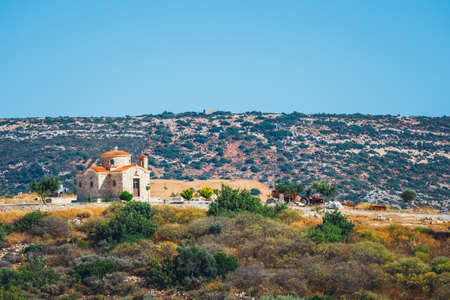 Mountain landscape with small church on Crete Island, Greeceの写真素材