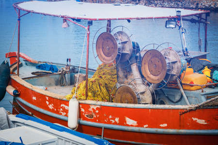 Close up of fishing boats in the marina, Crete Island, Greeceの写真素材
