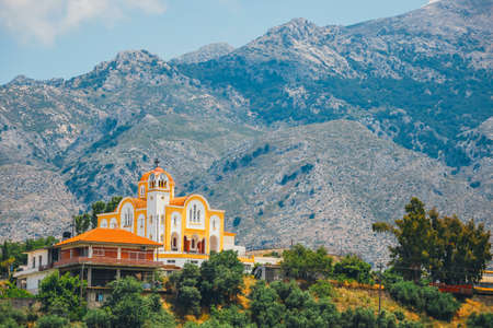 Mountain landscape with small church on Crete Island, Greeceの写真素材