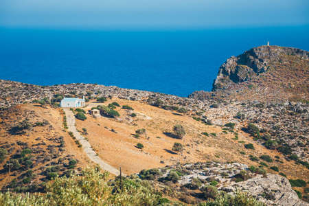 Mountain landscape with small church on Crete Island, Greeceの写真素材