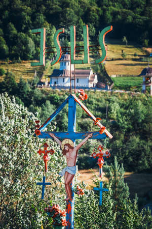 Solitary traditional cross symbol in the mountains, Transylvania, Romaniaの写真素材