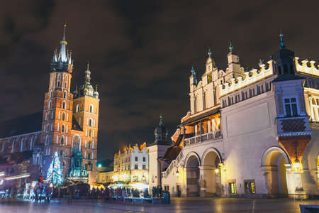 Night view of Main Market Square in Krakow, one of the most beautiful city in Polandの写真素材