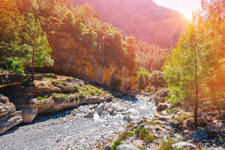 Narrow canyon trail located in Samaria Gorge in Central Crete