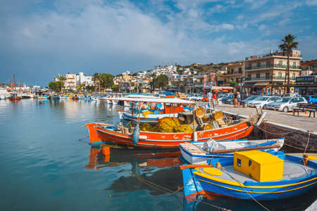 Elounda, Crete, June 07, 2017: Ships and fishing boats in the harbor of Elounda. のeditorial素材