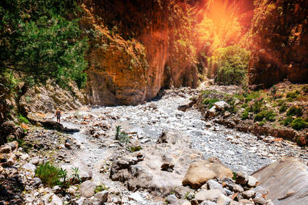 Narrow canyon trail located in Samaria Gorge in Central Creteの写真素材