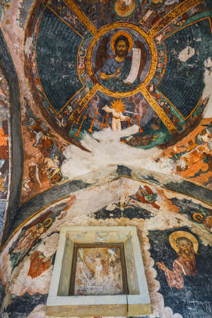 Voronet, Romania, July 06, 2015: Orthodox church exterior with painted murals, painted church in Romaniaのeditorial素材