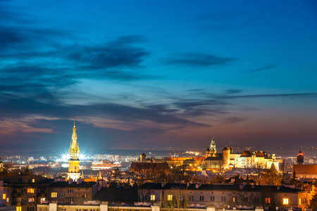 Scenic nightscape of Krakow with Wawel Castle, Polandのeditorial素材