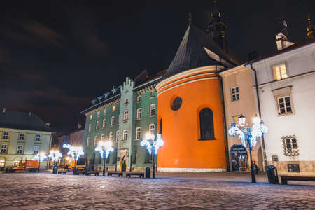 Krakow, Poland, December 15, 2017: Night view of Main Market Square in Krakow. Krakow is one of the most beautiful city in Polandのeditorial素材