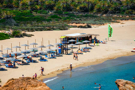 Crete Island, Greece, June 11, 2017: Famous beach at Vai with a beautiful palm forest on east Crete, Greeceのeditorial素材