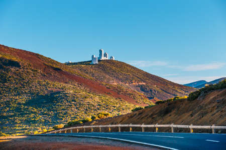 Telescopes of the Astronomical Observatory Izana with Volcano El Teide in the background, Spainの写真素材
