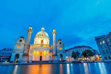 Night view of famous Saint Charles's Church at Karlsplatz in Vienna, Austriaの写真素材