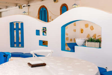 Empty greek tawern in the garden, Crete, Greeceの写真素材