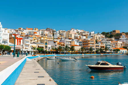 Sitia, Crete, Greece, June 11, 2917: Seaport of Sitia town with moored traditional Greek fishing boatのeditorial素材