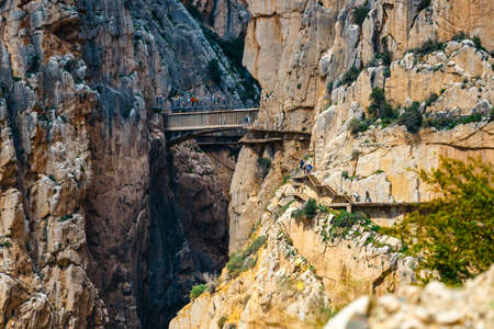 Royal Trail also known as El Caminito Del Rey - mountain path along steep cliffs in gorge Chorro, Andalusia, Spainの写真素材