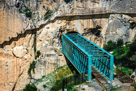El Caminito del Rey with train iron bridge in Malaga, Spain. End of the tourist trailの写真素材