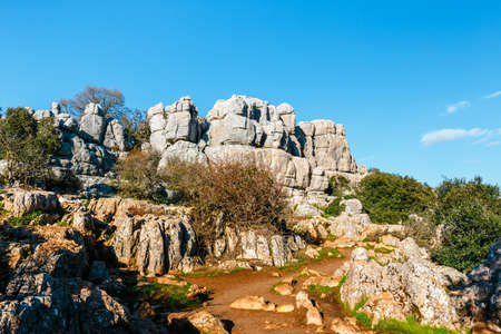Picturesque examples of karst landscape, El Torcal de Antequera natural park, Andalusia, Spainの写真素材